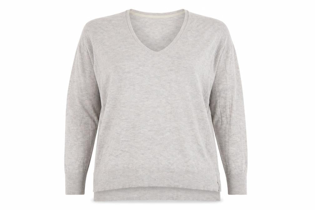 Front view of Marks & Spencer women’s beige v-neck viscose jumper, size UK 14