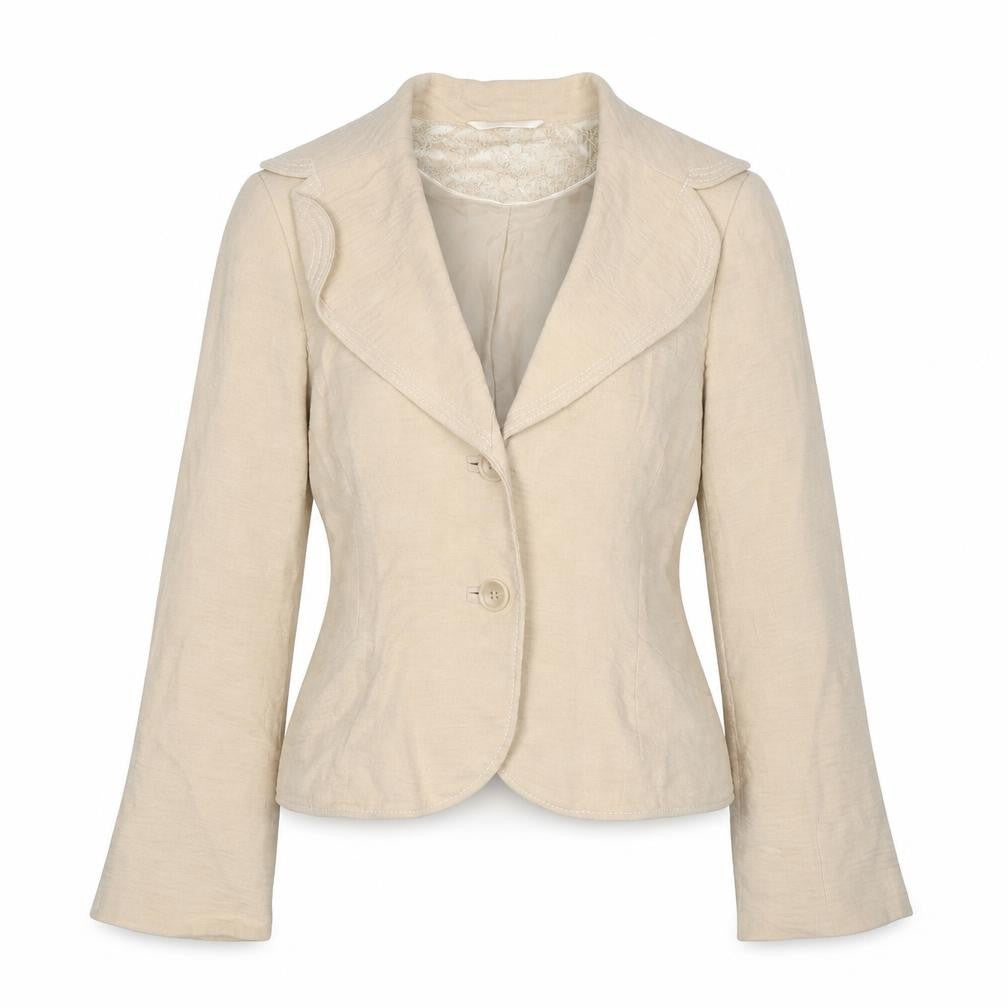 Front view of Coast women’s beige jacket blazer, size UK 8, button