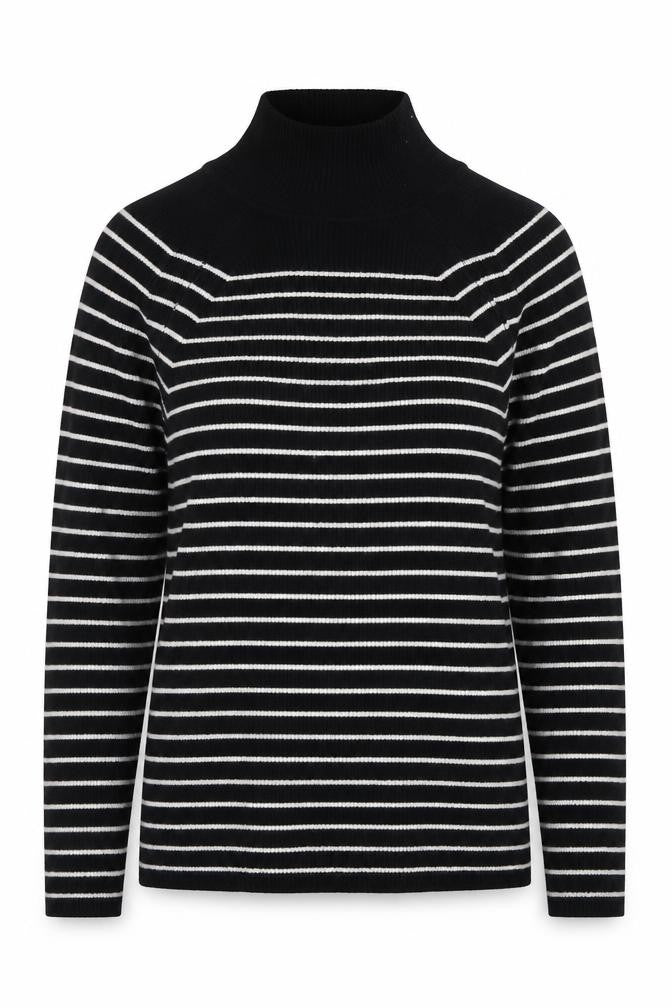 Front view of Marks & Spencer women’s black roll neck striped viscose jumper, size UK 8