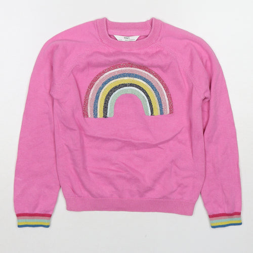 Marks and Spencer Girls Pink Round Neck Cotton Pullover Jumper Size 6-7 Years Pullover - Rainbow