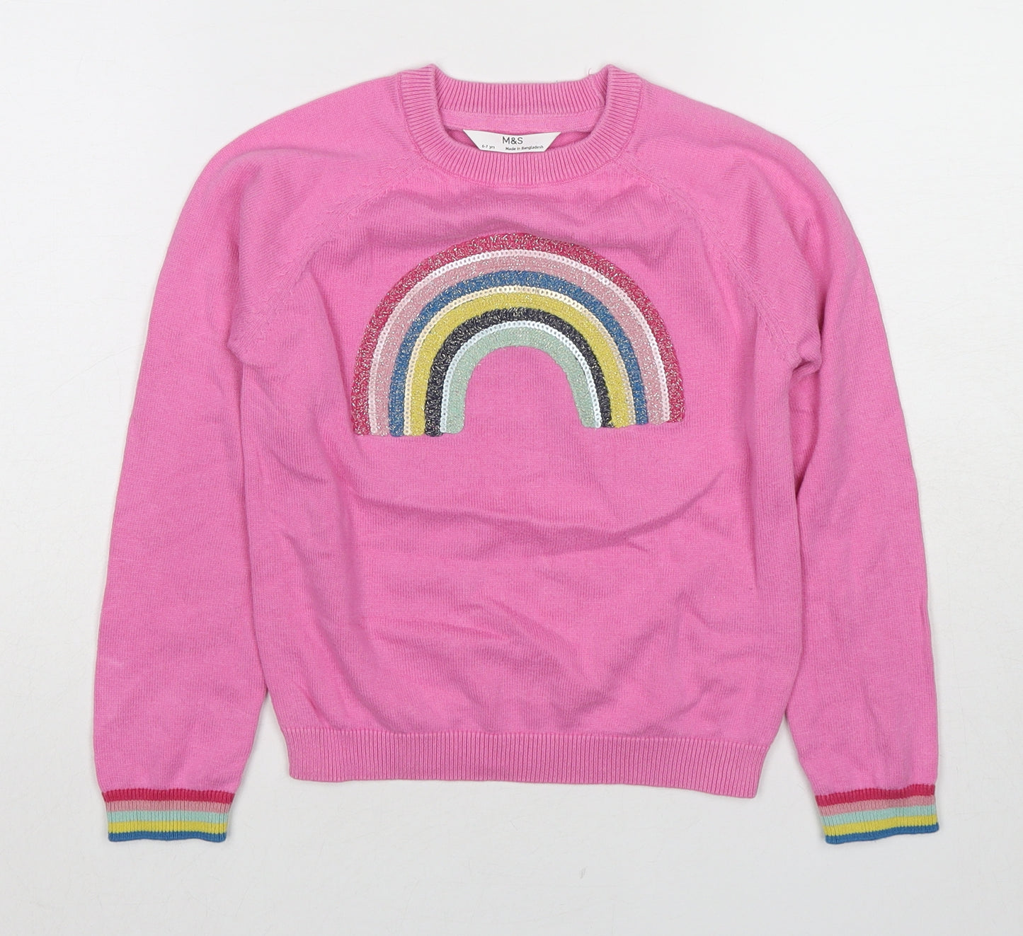 Marks and Spencer Girls Pink Round Neck Cotton Pullover Jumper Size 6-7 Years Pullover - Rainbow
