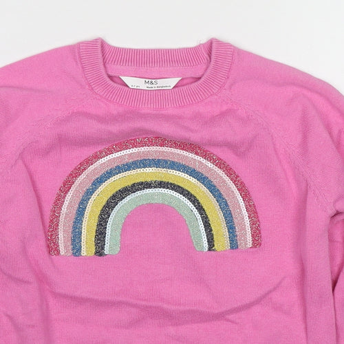 Marks and Spencer Girls Pink Round Neck Cotton Pullover Jumper Size 6-7 Years Pullover - Rainbow