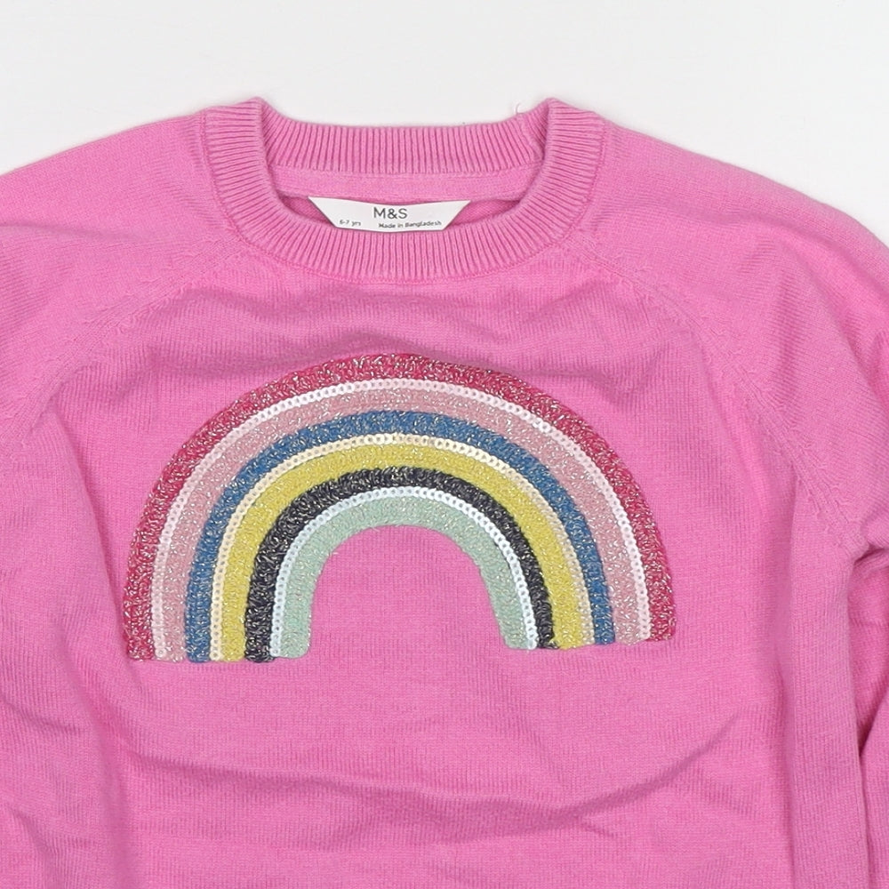 Marks and Spencer Girls Pink Round Neck Cotton Pullover Jumper Size 6-7 Years Pullover - Rainbow