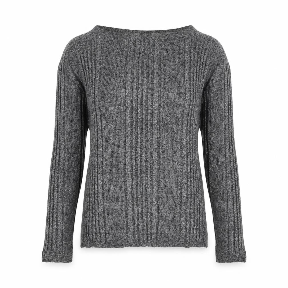 Front view of Marks & Spencer women’s grey boat neck viscose jumper, size UK 10
