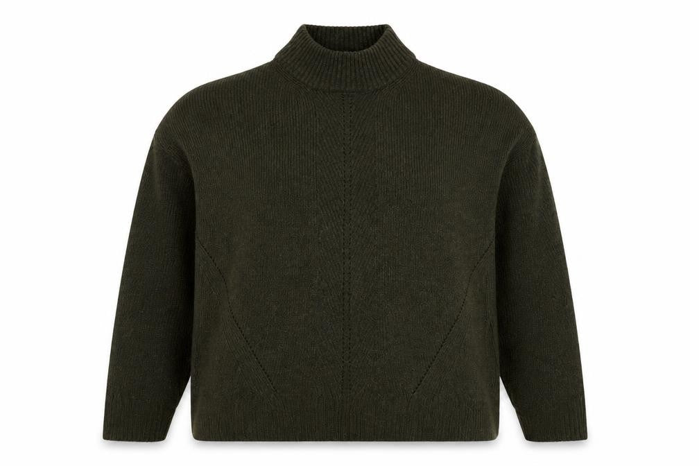 Front view of Warehouse women’s green high neck acrylic jumper, size UK 8