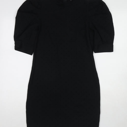Dorothy Perkins Womens Black Polka Dot Cotton Pencil Dress Size 12 Mock Neck Zip - Puff Sleeve
