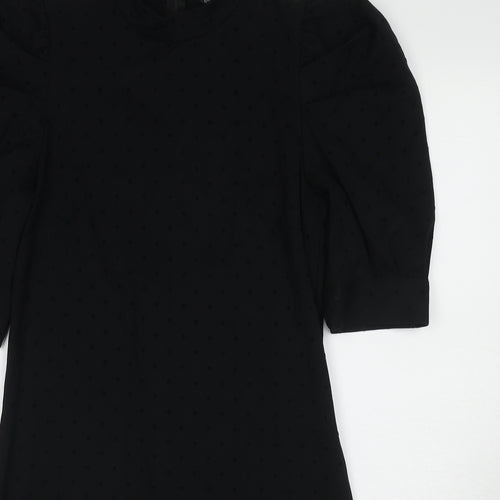 Dorothy Perkins Womens Black Polka Dot Cotton Pencil Dress Size 12 Mock Neck Zip - Puff Sleeve
