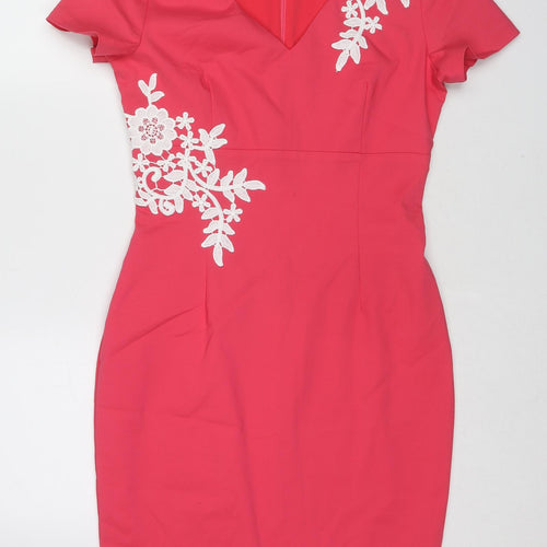 Paper Dolls London Womens Pink Polyester Pencil Dress Size 12 V-Neck Zip - Lace Embroidery