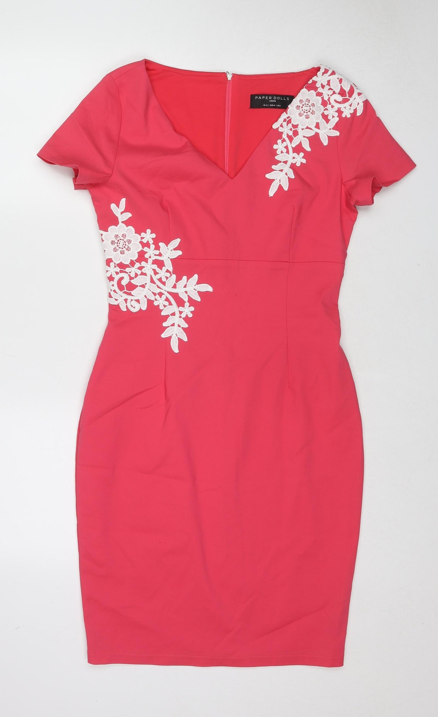 Paper Dolls London Womens Pink Polyester Pencil Dress Size 12 V-Neck Zip - Lace Embroidery