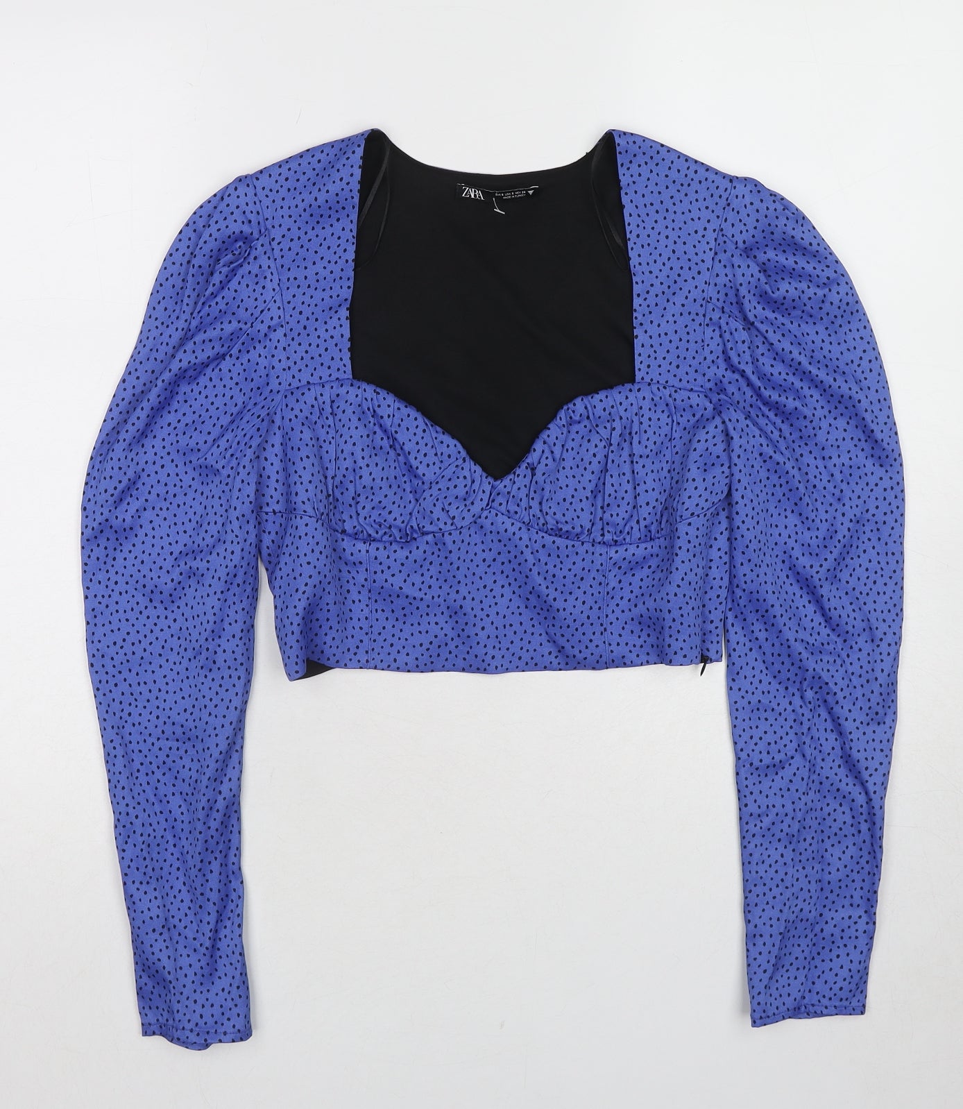 Zara Womens Blue Polka Dot Polyester Cropped Blouse Size S Sweetheart