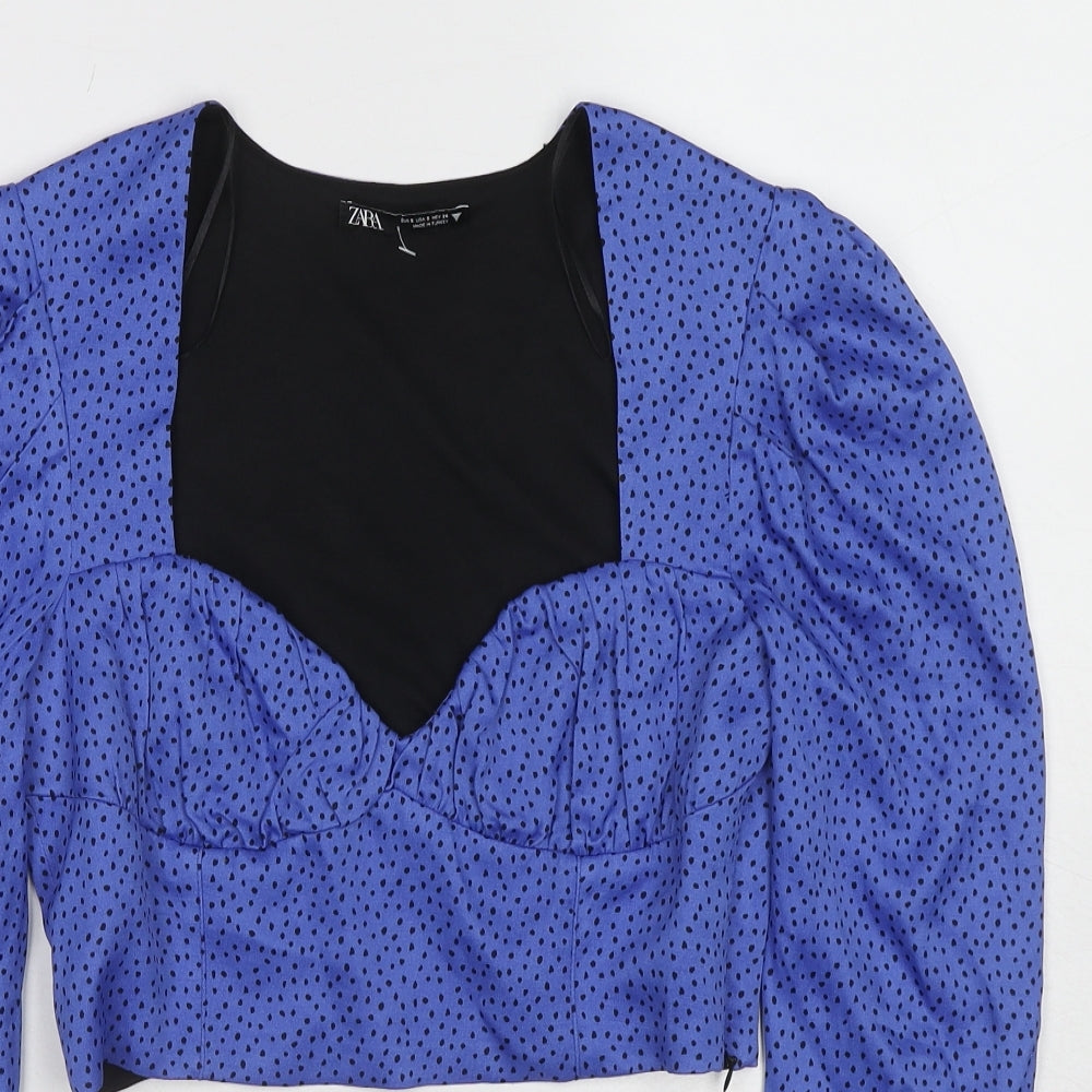 Zara Womens Blue Polka Dot Polyester Cropped Blouse Size S Sweetheart