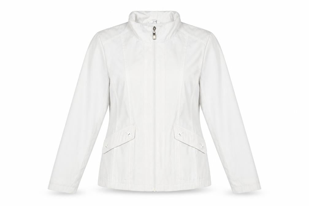 Front view of Eleganze women’s white jacket, size UK 12, zip