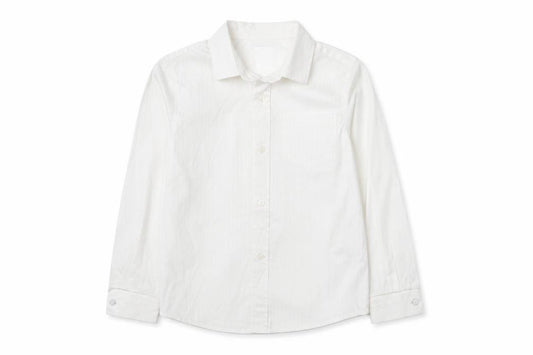 Front view of Autograph boys’ white polyester basic button-up, size 6-7, years collared button