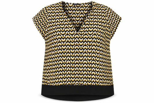Front view of Marks & Spencer women’s yellow geometric viscose basic blouse, size UK 18, v-neck