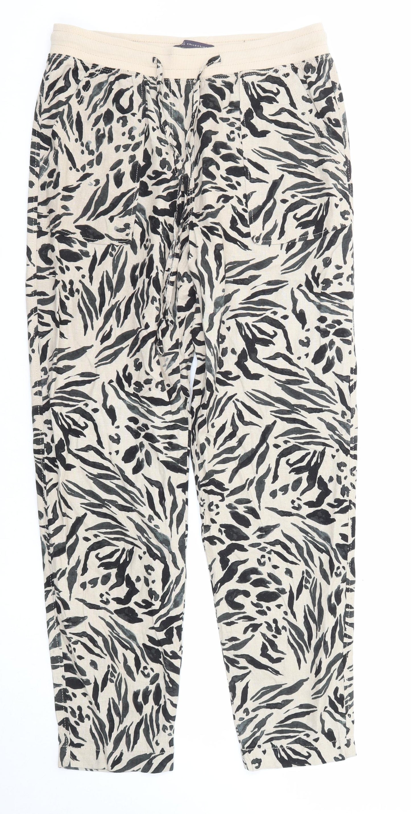 Marks and Spencer Womens Beige Animal Print Cotton Jogger Trousers Size 10 Regular Drawstring