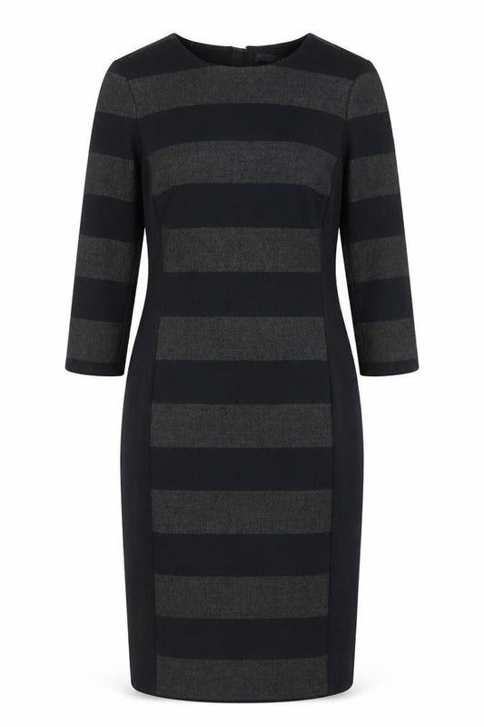 Front view of Oui women’s black striped polyester shift, size UK 10, round neck zip