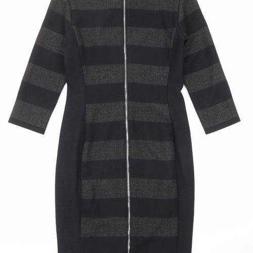 Oui Womens Black Striped Polyester Shift Size 10 Round Neck Zip