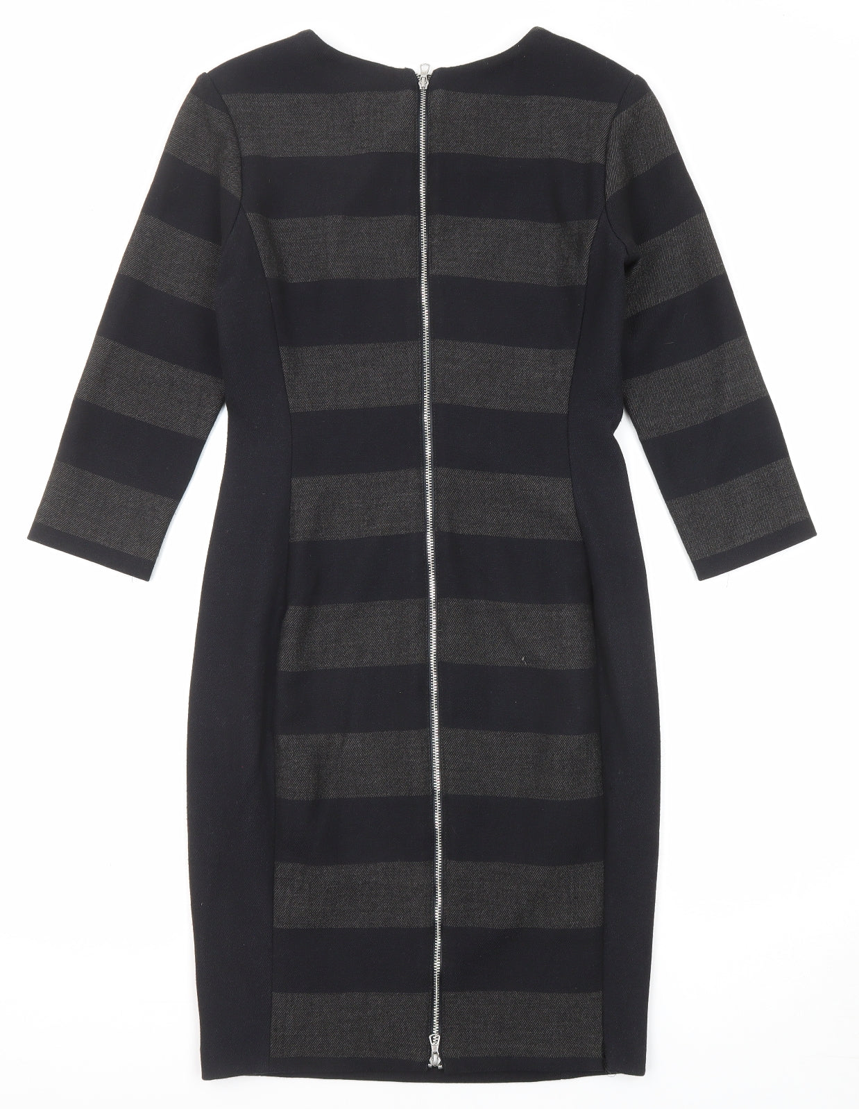 Oui Womens Black Striped Polyester Shift Size 10 Round Neck Zip