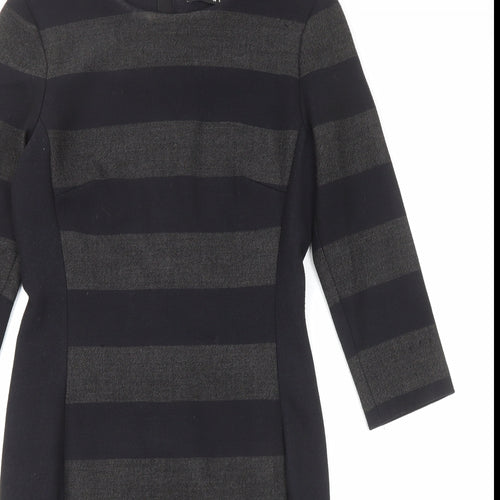 Oui Womens Black Striped Polyester Shift Size 10 Round Neck Zip
