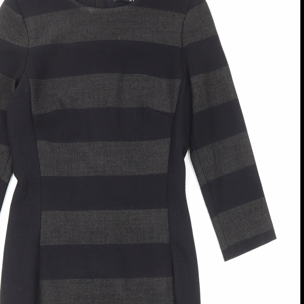 Oui Womens Black Striped Polyester Shift Size 10 Round Neck Zip