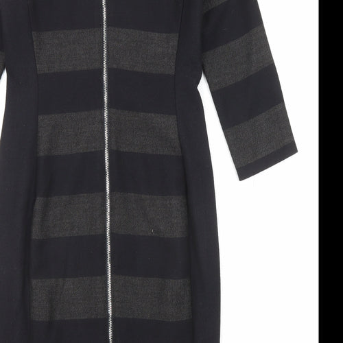 Oui Womens Black Striped Polyester Shift Size 10 Round Neck Zip