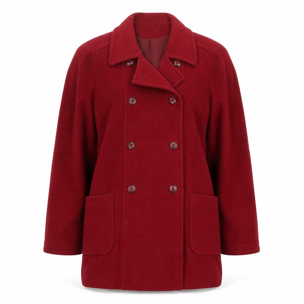 Front view of Premiere Collection women’s red pea coat coat, size UK 12, button
