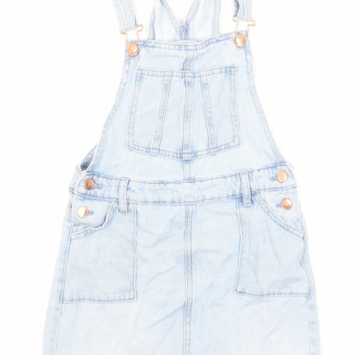 Marks and Spencer Girls Blue Cotton Pinafore/Dungaree Dress Size 8-9 Years Square Neck Buckle