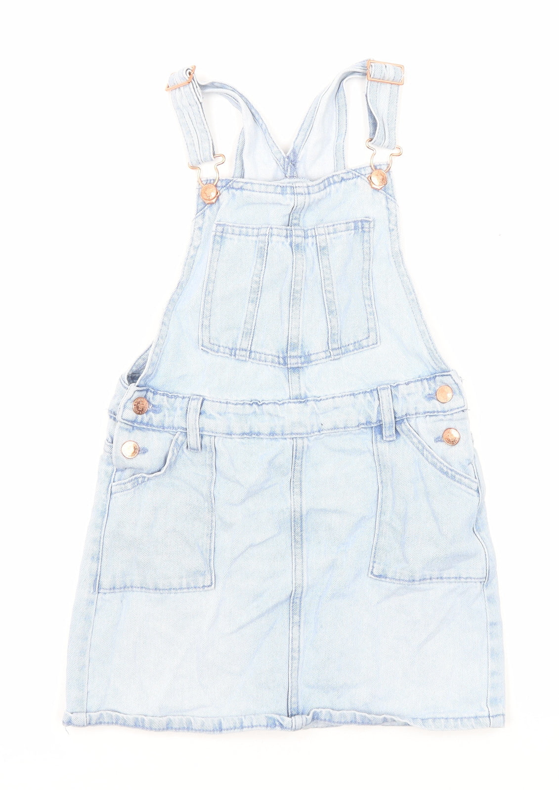 Marks and Spencer Girls Blue Cotton Pinafore/Dungaree Dress Size 8-9 Years Square Neck Buckle