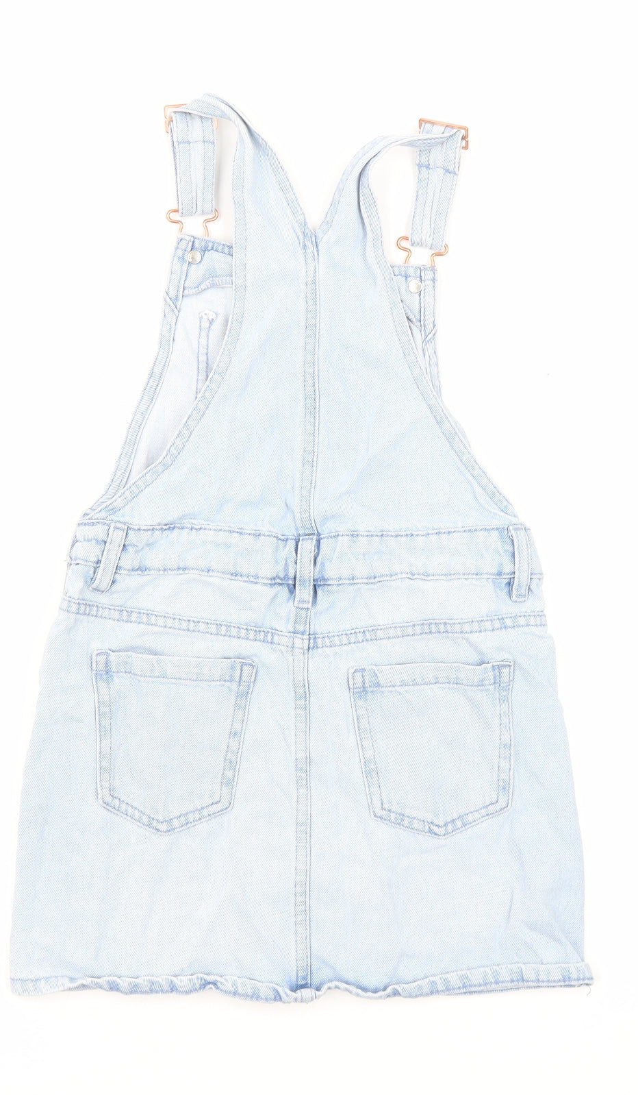Marks and Spencer Girls Blue Cotton Pinafore/Dungaree Dress Size 8-9 Years Square Neck Buckle