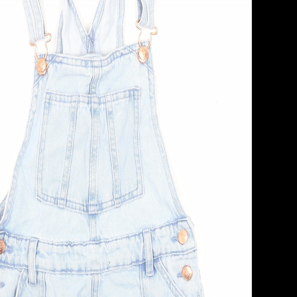 Marks and Spencer Girls Blue Cotton Pinafore/Dungaree Dress Size 8-9 Years Square Neck Buckle