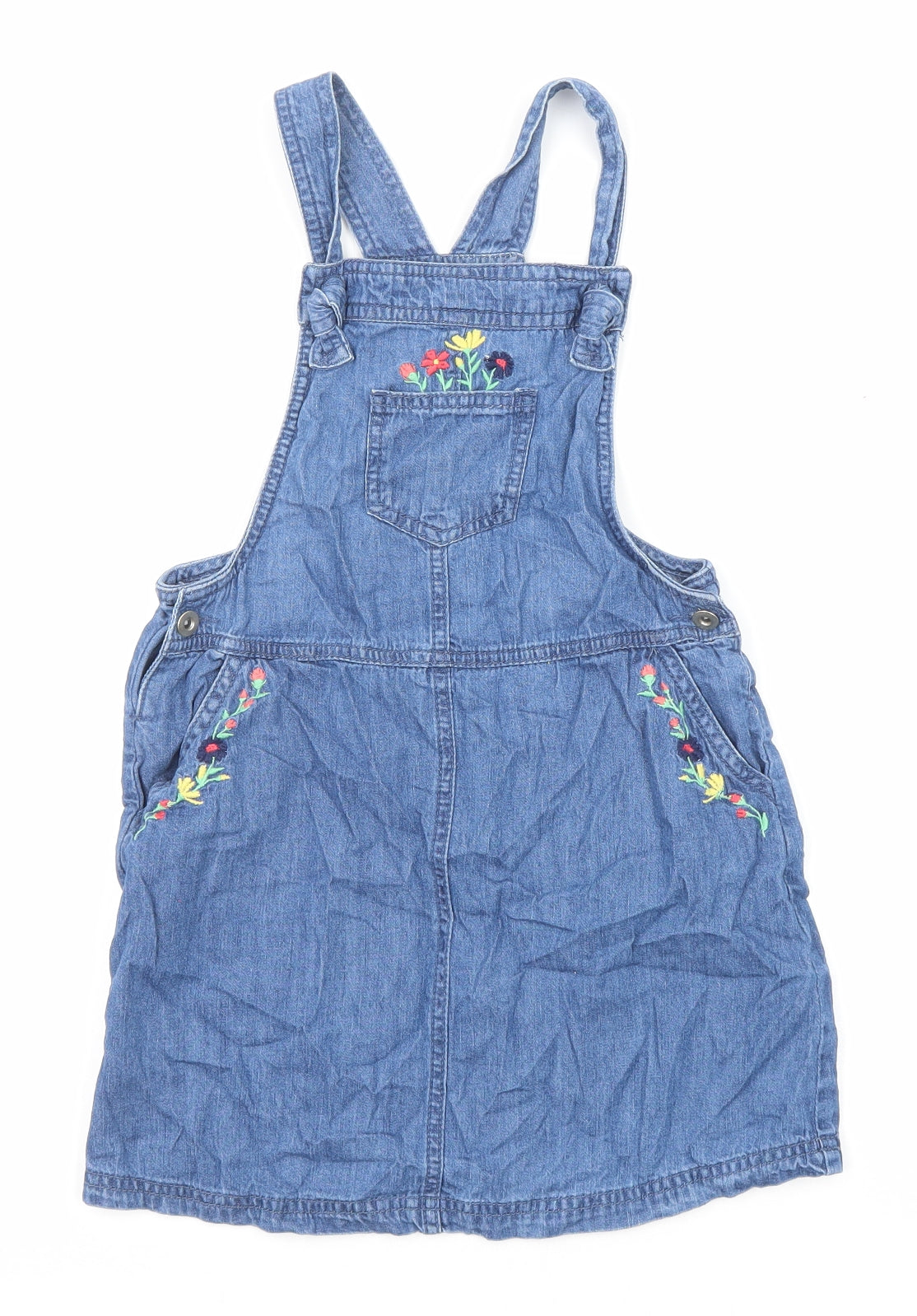 Gillian's Closet Girls Blue Cotton Pinafore/Dungaree Dress Size 6-7 Years Square Neck Button