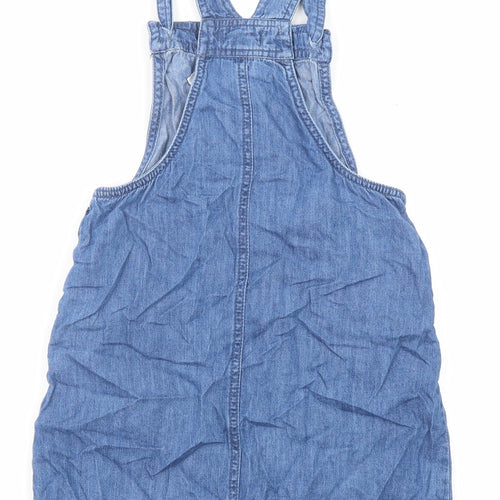 Gillian's Closet Girls Blue Cotton Pinafore/Dungaree Dress Size 6-7 Years Square Neck Button