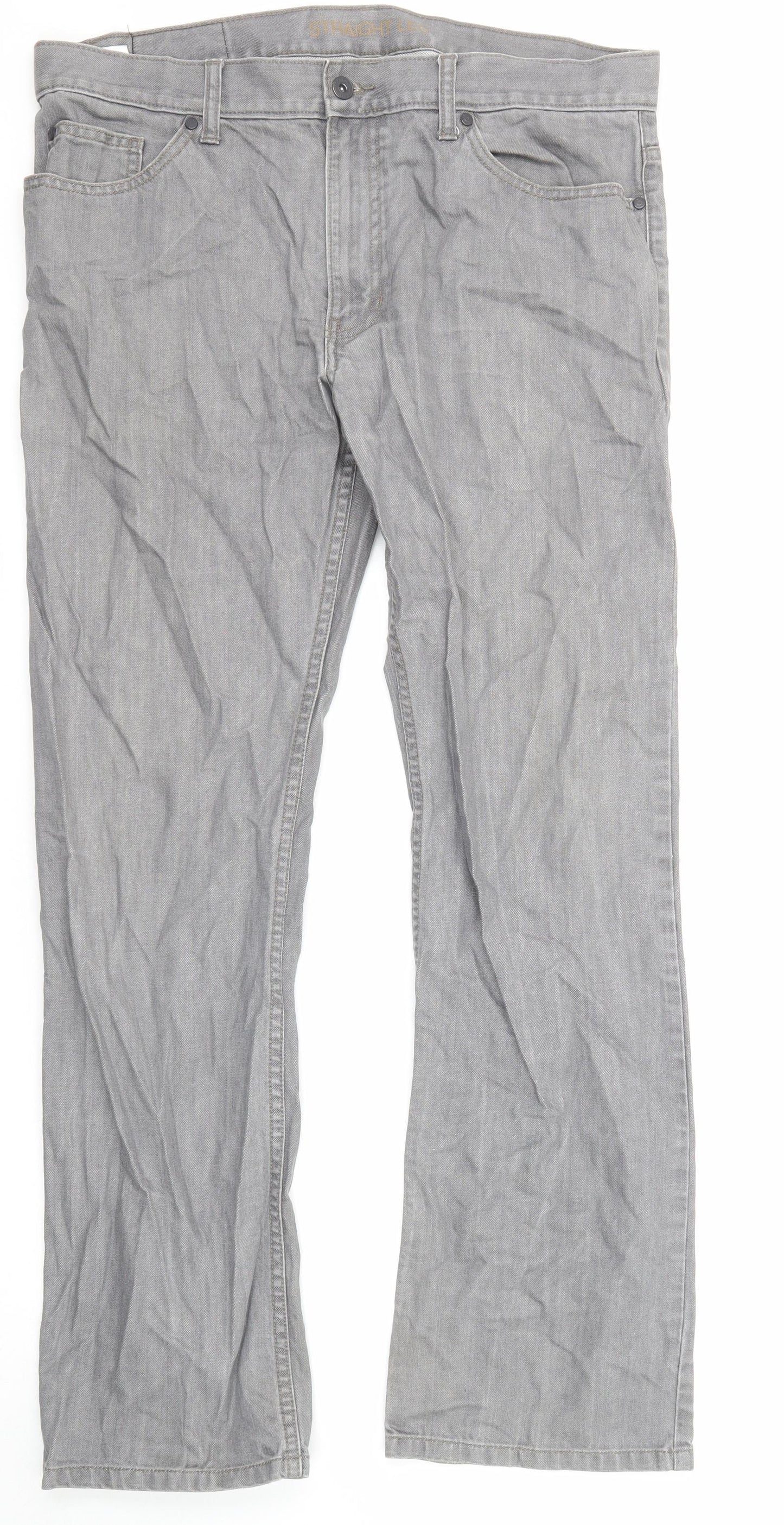 Marks and Spencer Mens Grey Cotton Straight Jeans Size 36 in L33 in Regular Zip