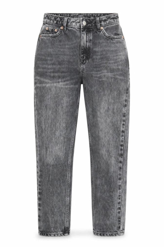 Front view of Topshop women’s grey cotton mom jeans, size UK 25, in, 30-inch leg regular zip