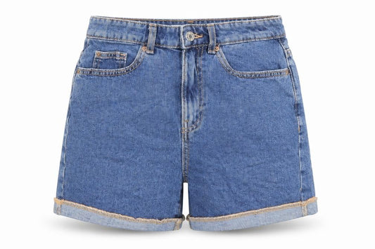 Front view of Denim & Co. women’s blue cotton boyfriend shorts, size UK 8, 3-inch leg regular zip