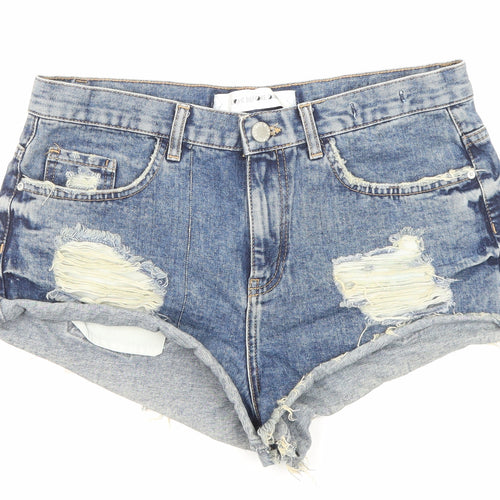 Light Before Dark Womens Blue Cotton Hot Pants Shorts Size 31 in Regular Zip - Distressed Look Raw Hem