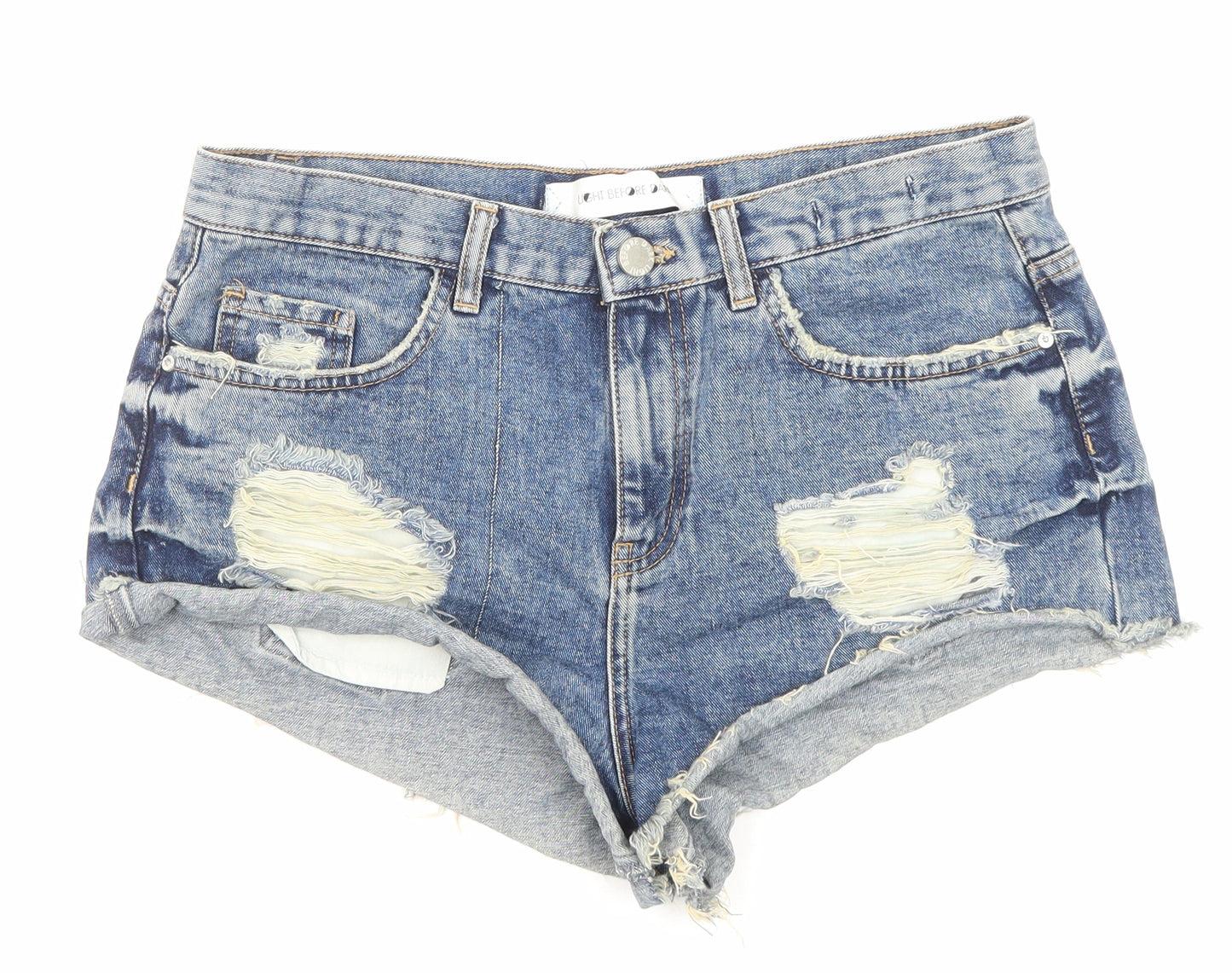 Light Before Dark Womens Blue Cotton Hot Pants Shorts Size 31 in Regular Zip - Distressed Look Raw Hem