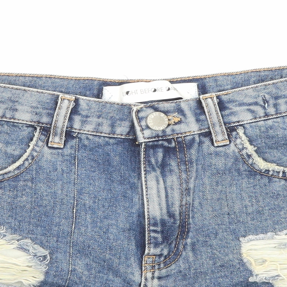 Light Before Dark Womens Blue Cotton Hot Pants Shorts Size 31 in Regular Zip - Distressed Look Raw Hem