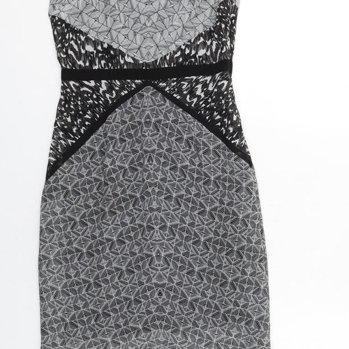 Warehouse Womens Grey Geometric Polyester Sheath Size 8 Round Neck Zip