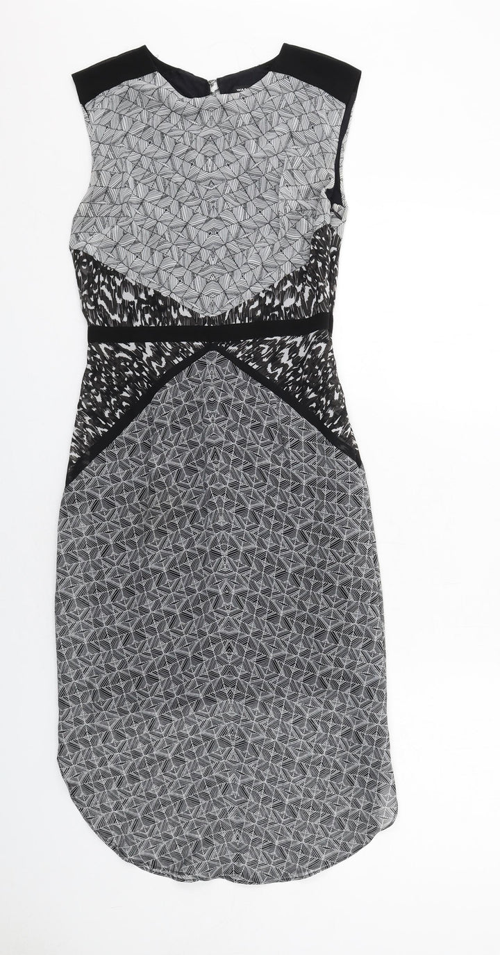 Warehouse Womens Grey Geometric Polyester Sheath Size 8 Round Neck Zip