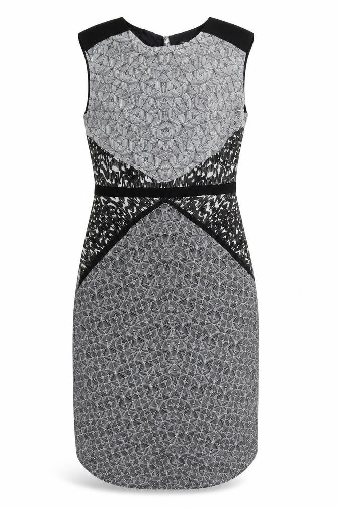 Front view of Warehouse women’s grey geometric polyester sheath, size UK 8, round neck zip