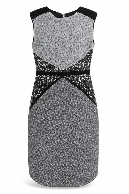Front view of Warehouse women’s grey geometric polyester sheath, size UK 8, round neck zip