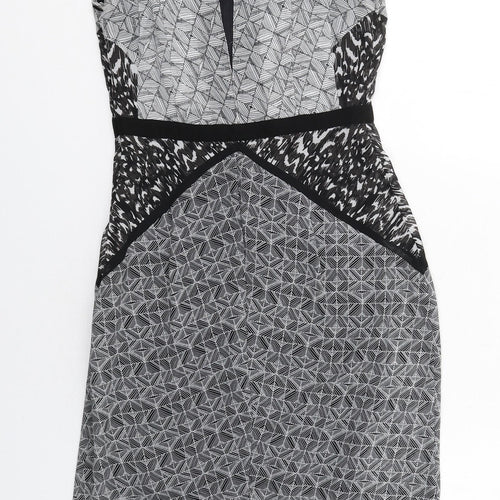 Warehouse Womens Grey Geometric Polyester Sheath Size 8 Round Neck Zip