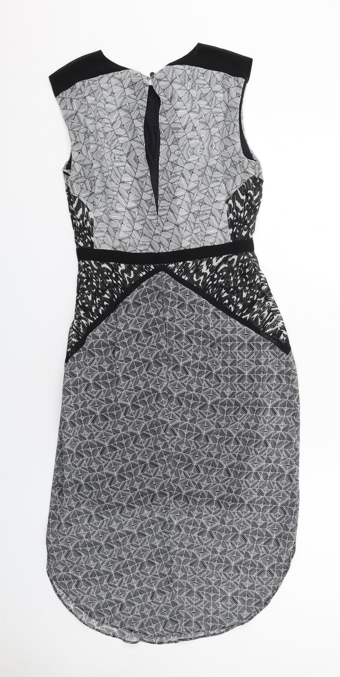 Warehouse Womens Grey Geometric Polyester Sheath Size 8 Round Neck Zip