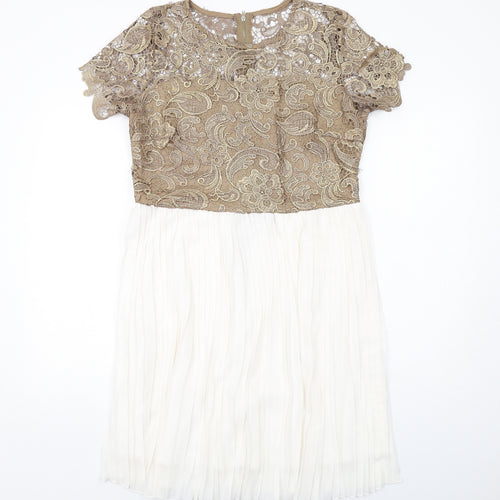 Club L Womens White Colourblock Polyester A-Line Size 14 Boat Neck Zip - Crocheted Lace Top