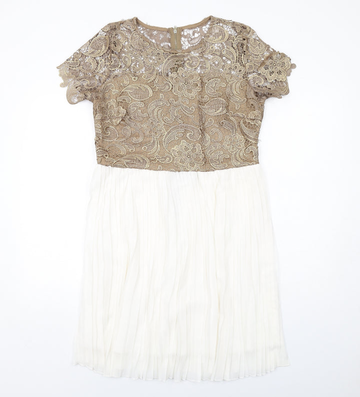 Club L Womens White Colourblock Polyester A-Line Size 14 Boat Neck Zip - Crocheted Lace Top