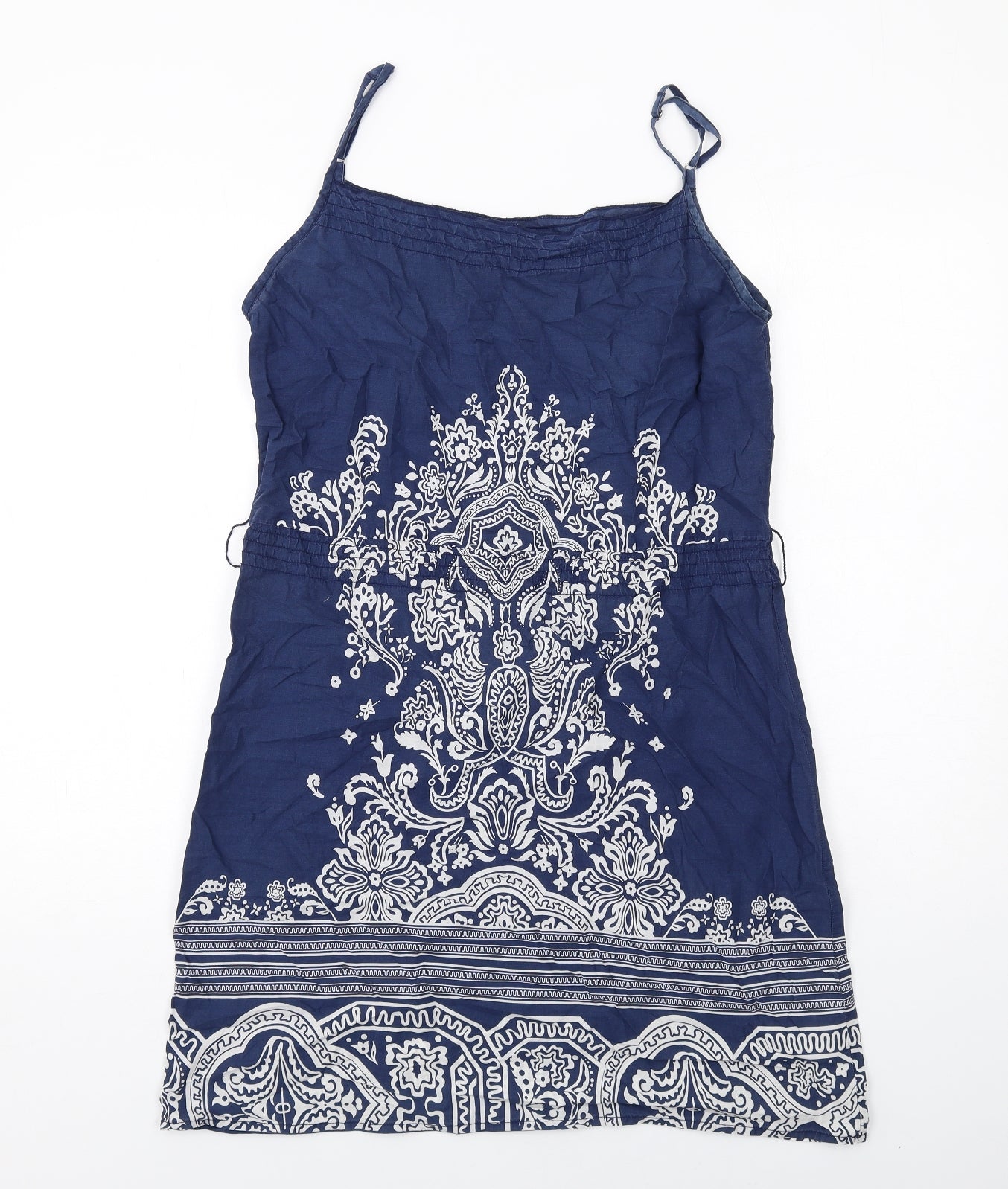 H&M Womens Blue Geometric Cotton Slip Dress Size 10 Square Neck Pullover