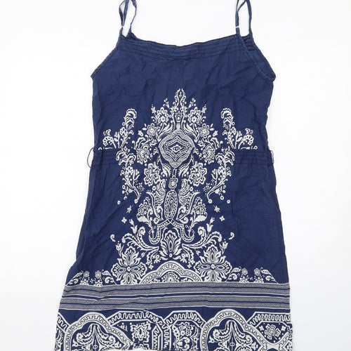 H&M Womens Blue Geometric Cotton Slip Dress Size 10 Square Neck Pullover