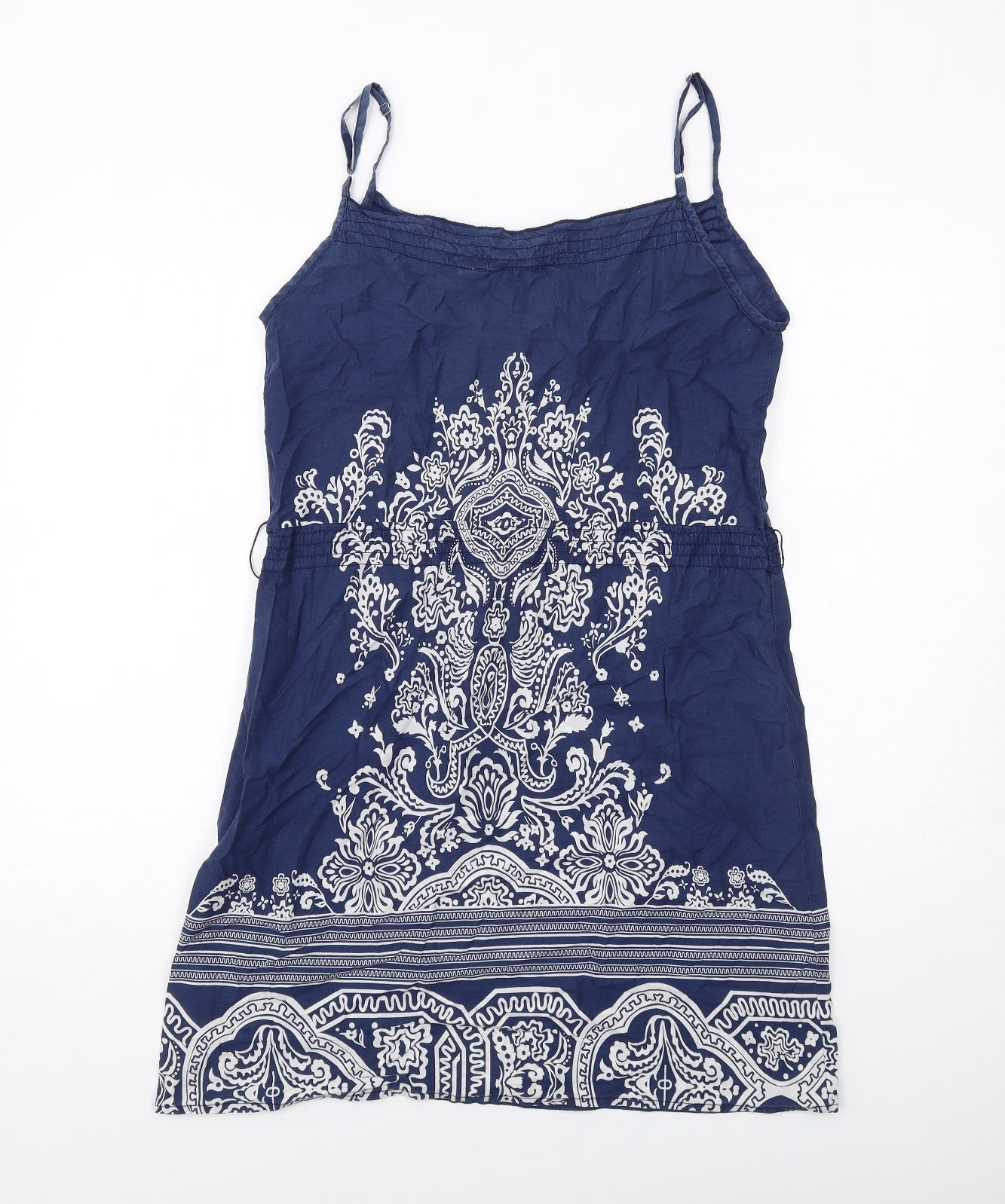 H&M Womens Blue Geometric Cotton Slip Dress Size 10 Square Neck Pullover