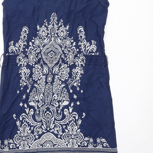H&M Womens Blue Geometric Cotton Slip Dress Size 10 Square Neck Pullover